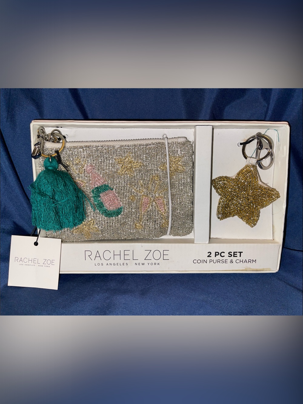 Rachel Zoe Silver Beaded Mini Coin Purse with Teal Tassel and Gold Star Charm